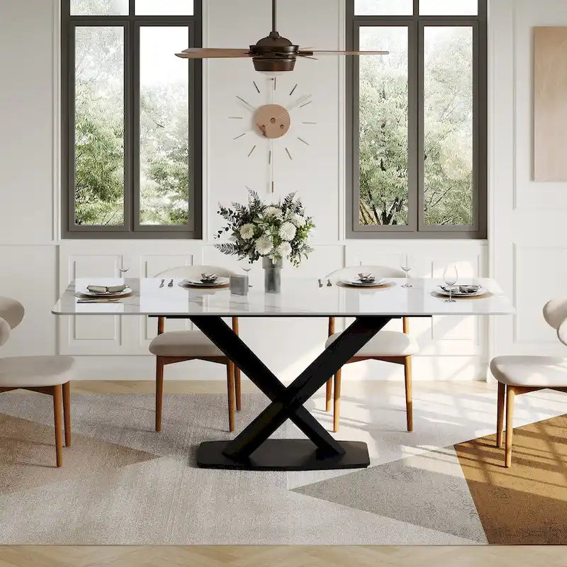 Table de salle à manger rectangulaire moderne avec plateau en pierre frittée brillante, Table de cuisine blanche