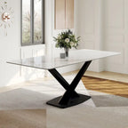 Table de salle à manger rectangulaire moderne avec plateau en pierre frittée brillante, Table de cuisine blanche