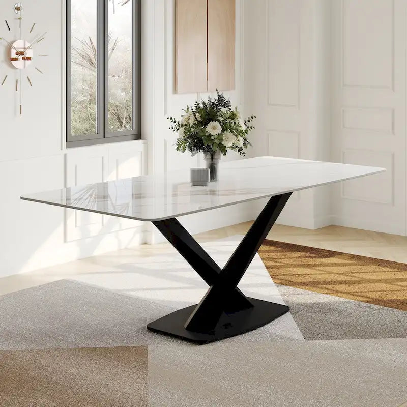 Table de salle à manger rectangulaire moderne avec plateau en pierre frittée brillante, Table de cuisine blanche