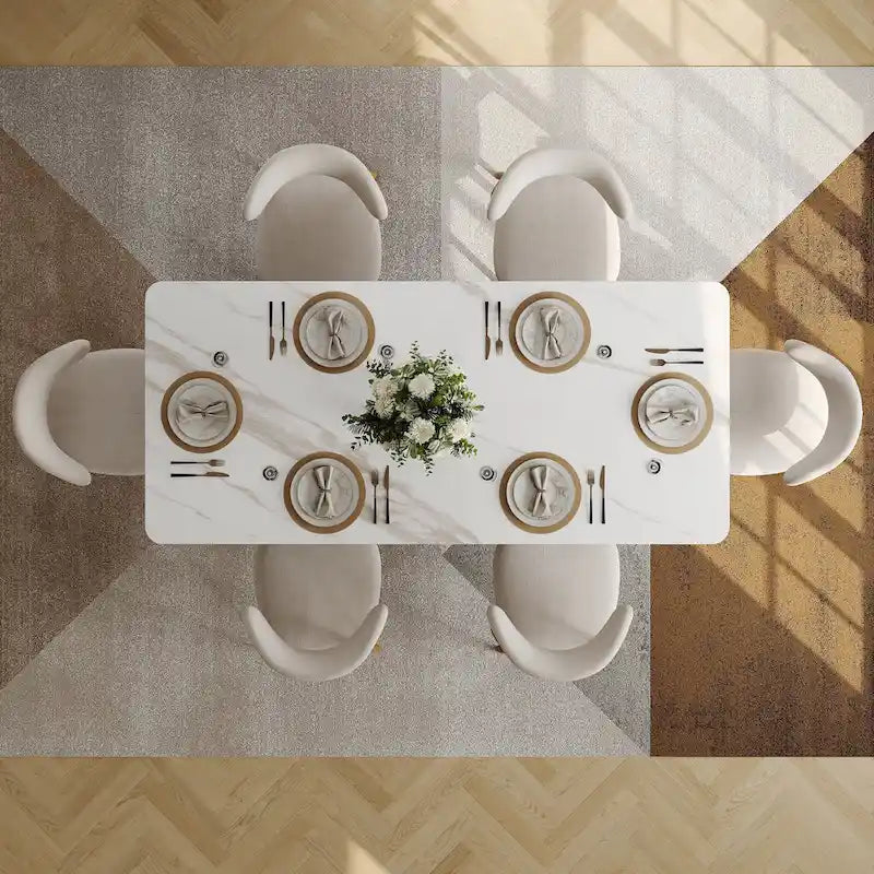 Table de salle à manger rectangulaire moderne avec plateau en pierre frittée brillante, Table de cuisine blanche