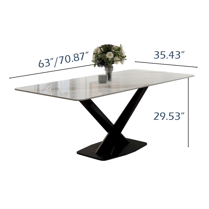 Table de salle à manger rectangulaire moderne avec plateau en pierre frittée brillante, Table de cuisine blanche