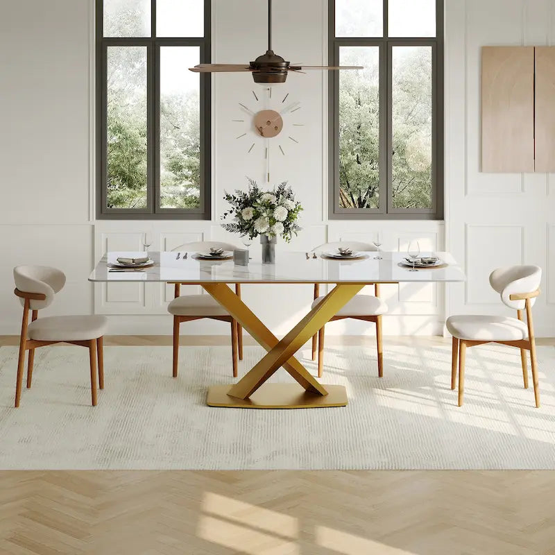 Table de salle à manger rectangulaire moderne avec plateau en pierre frittée brillante, Table de cuisine blanche
