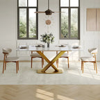 Table de salle à manger rectangulaire moderne avec plateau en pierre frittée brillante, Table de cuisine blanche