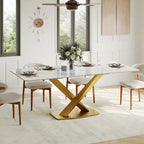 Table de salle à manger rectangulaire moderne avec plateau en pierre frittée brillante, Table de cuisine blanche