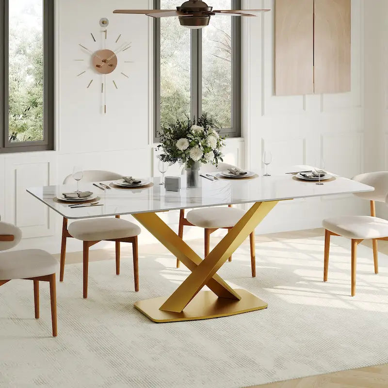 Table de salle à manger rectangulaire moderne avec plateau en pierre frittée brillante, Table de cuisine blanche
