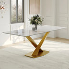 Table de salle à manger rectangulaire moderne avec plateau en pierre frittée brillante, Table de cuisine blanche