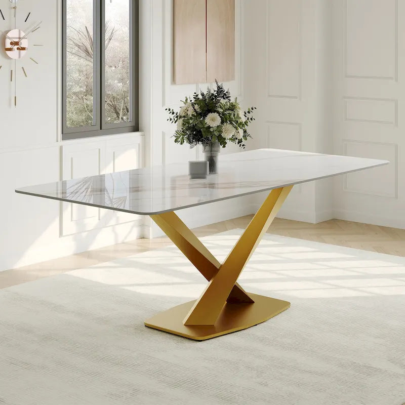 Table de salle à manger rectangulaire moderne avec plateau en pierre frittée brillante, Table de cuisine blanche