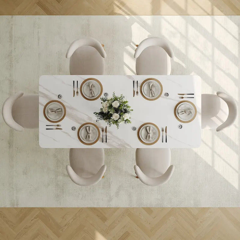 Table de salle à manger rectangulaire moderne avec plateau en pierre frittée brillante, Table de cuisine blanche