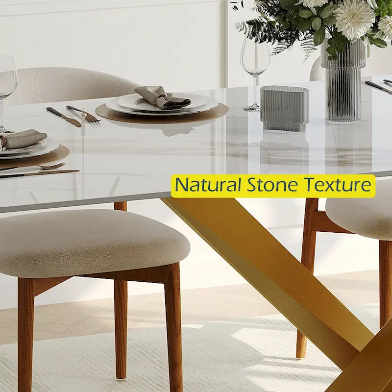 Table de salle à manger rectangulaire moderne avec plateau en pierre frittée brillante, Table de cuisine blanche