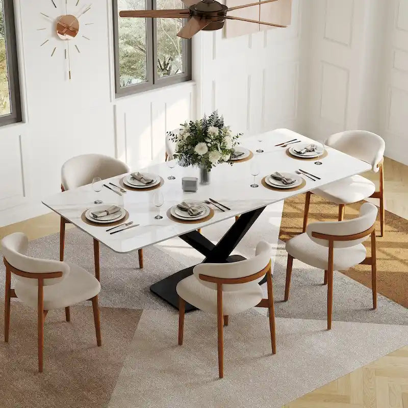 Table de salle à manger rectangulaire moderne avec plateau en pierre frittée brillante, Table de cuisine blanche
