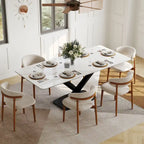 Table de salle à manger rectangulaire moderne avec plateau en pierre frittée brillante, Table de cuisine blanche