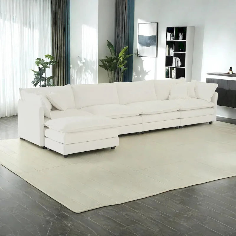 Canapé sectionnel modulable en L 5 places avec pouf, revêtement en chenille
