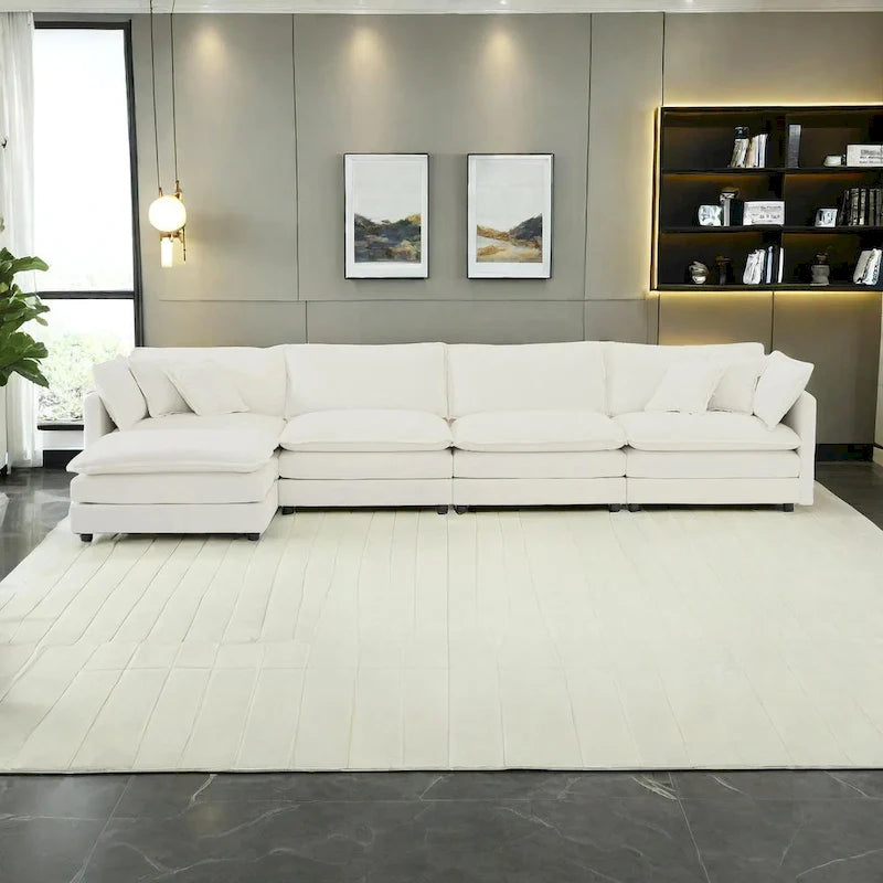 Canapé sectionnel modulable en L 5 places avec pouf, revêtement en chenille