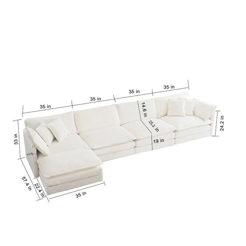 Canapé sectionnel modulable en L 5 places avec pouf, revêtement en chenille
