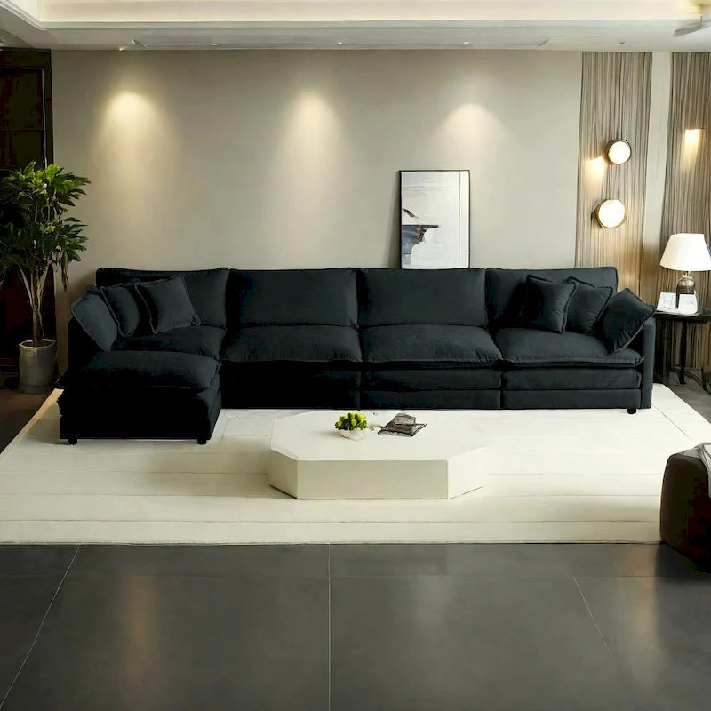 Canapé sectionnel modulable en L 5 places avec pouf, revêtement en chenille