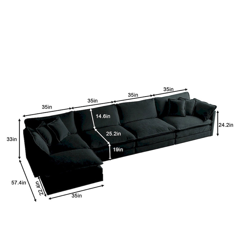 Canapé sectionnel modulable en L 5 places avec pouf, revêtement en chenille