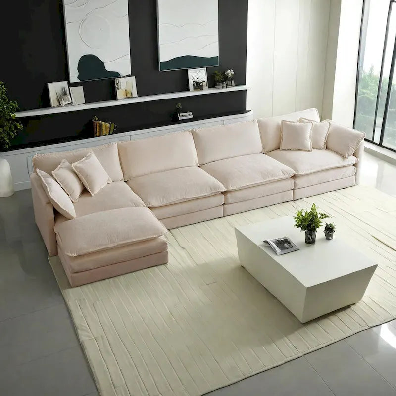 Canapé sectionnel modulable en L 5 places avec pouf, revêtement en chenille
