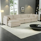 Canapé sectionnel modulable en L 5 places avec pouf, revêtement en chenille