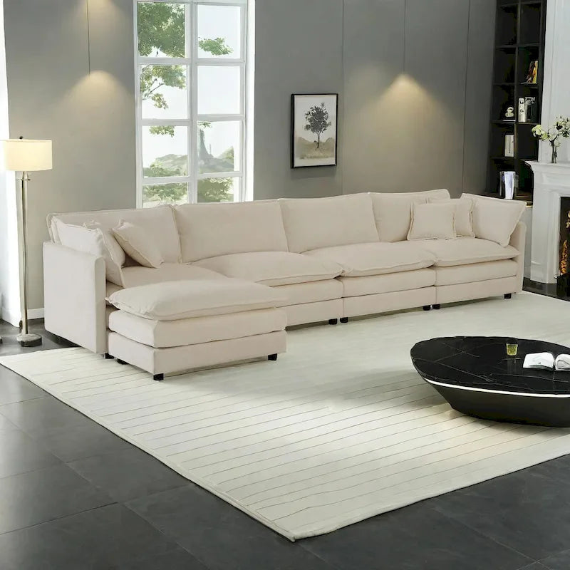 Canapé sectionnel modulable en L 5 places avec pouf, revêtement en chenille