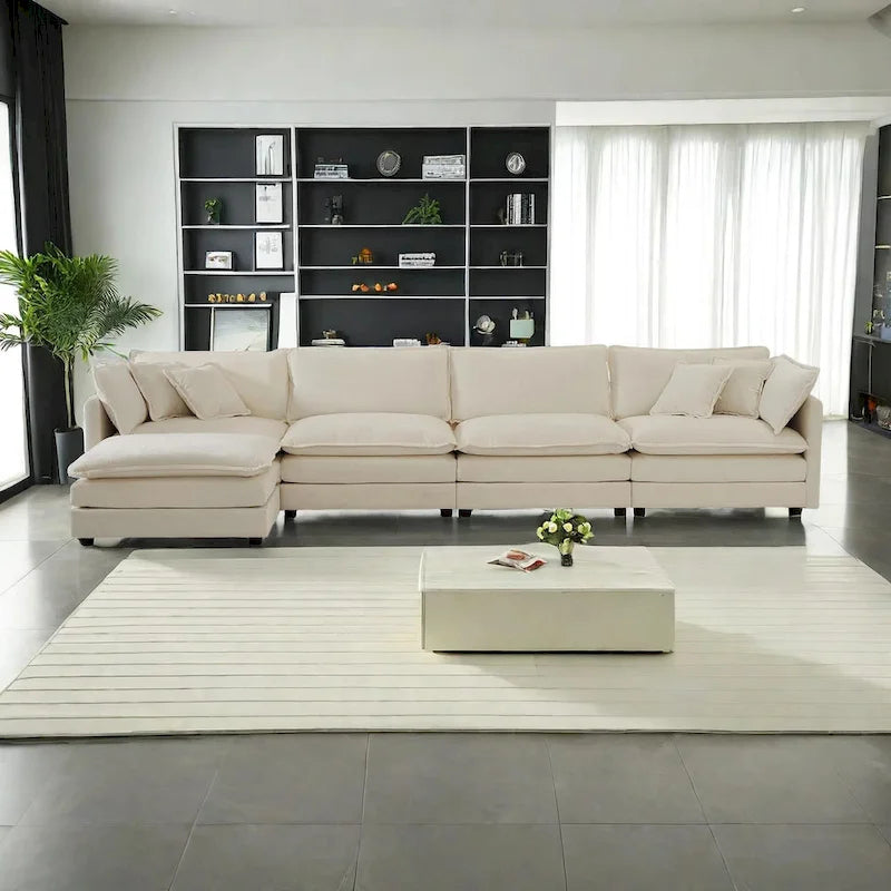 Canapé sectionnel modulable en L 5 places avec pouf, revêtement en chenille