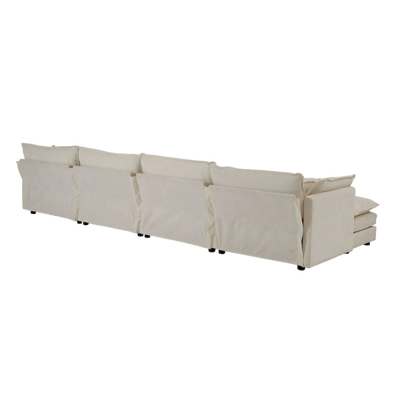 Canapé sectionnel modulable en L 5 places avec pouf, revêtement en chenille