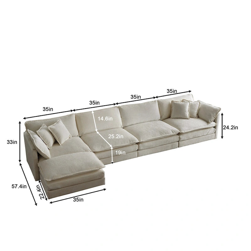 Canapé sectionnel modulable en L 5 places avec pouf, revêtement en chenille