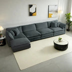 Canapé sectionnel modulable en L 5 places avec pouf, revêtement en chenille