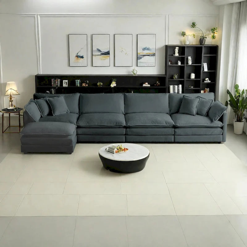 Canapé sectionnel modulable en L 5 places avec pouf, revêtement en chenille