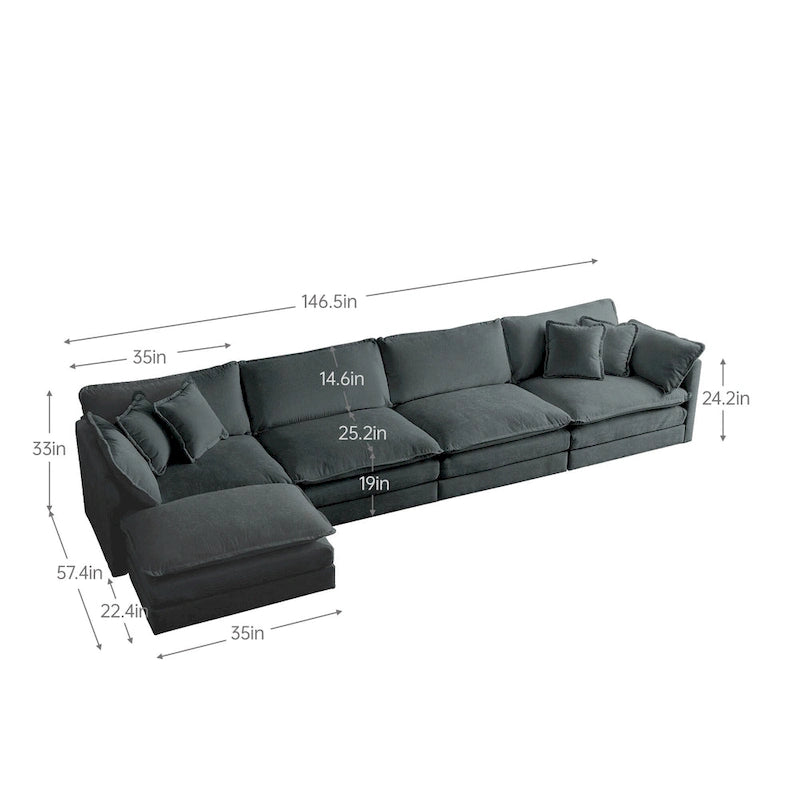 Canapé sectionnel modulable en L 5 places avec pouf, revêtement en chenille