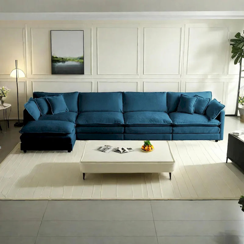 Canapé sectionnel modulable en L 5 places avec pouf, revêtement en chenille