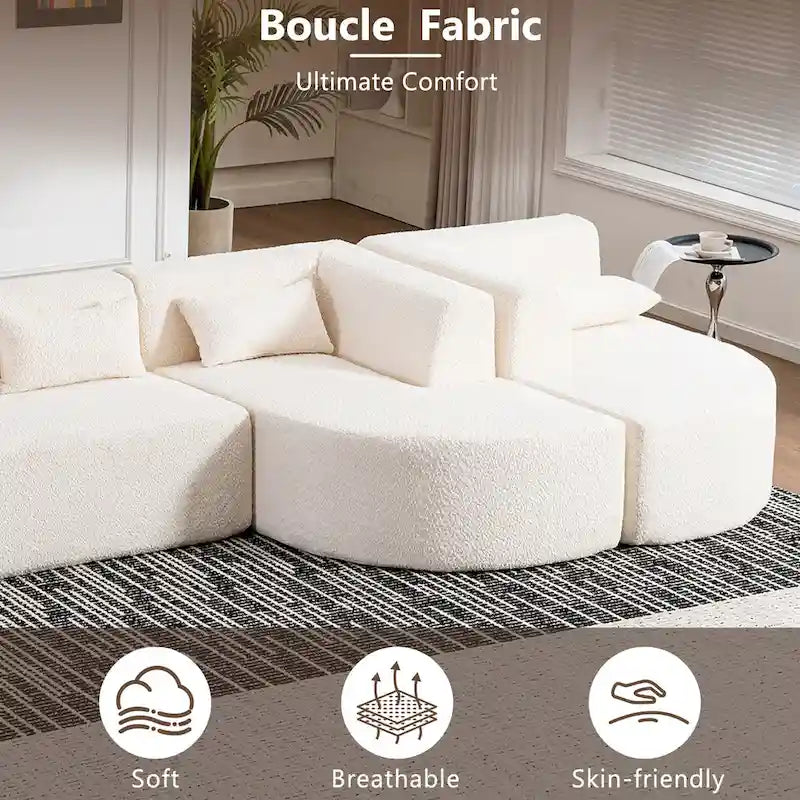 Canapé modulaire rembourré avec 2 méridiennes incurvées et 5 coussins de dossier, canapé modulable pour salon