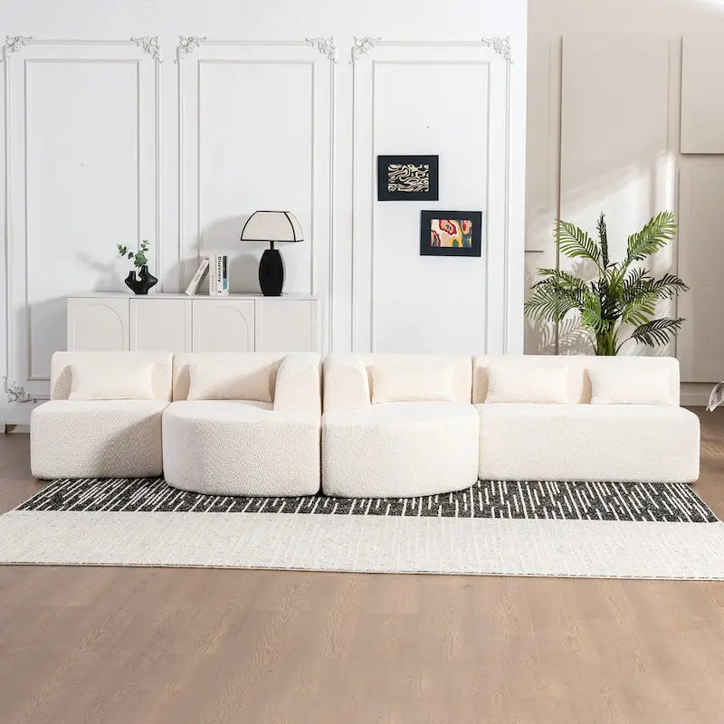 Canapé modulaire rembourré avec 2 méridiennes incurvées et 5 coussins de dossier, canapé modulable pour salon