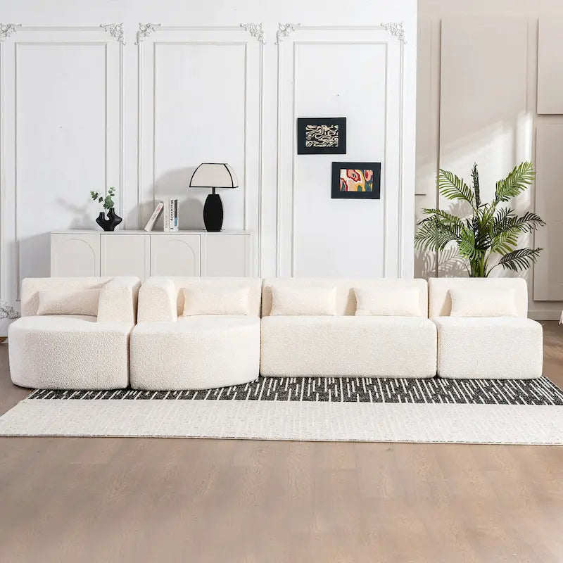 Canapé modulaire rembourré avec 2 méridiennes incurvées et 5 coussins de dossier, canapé modulable pour salon