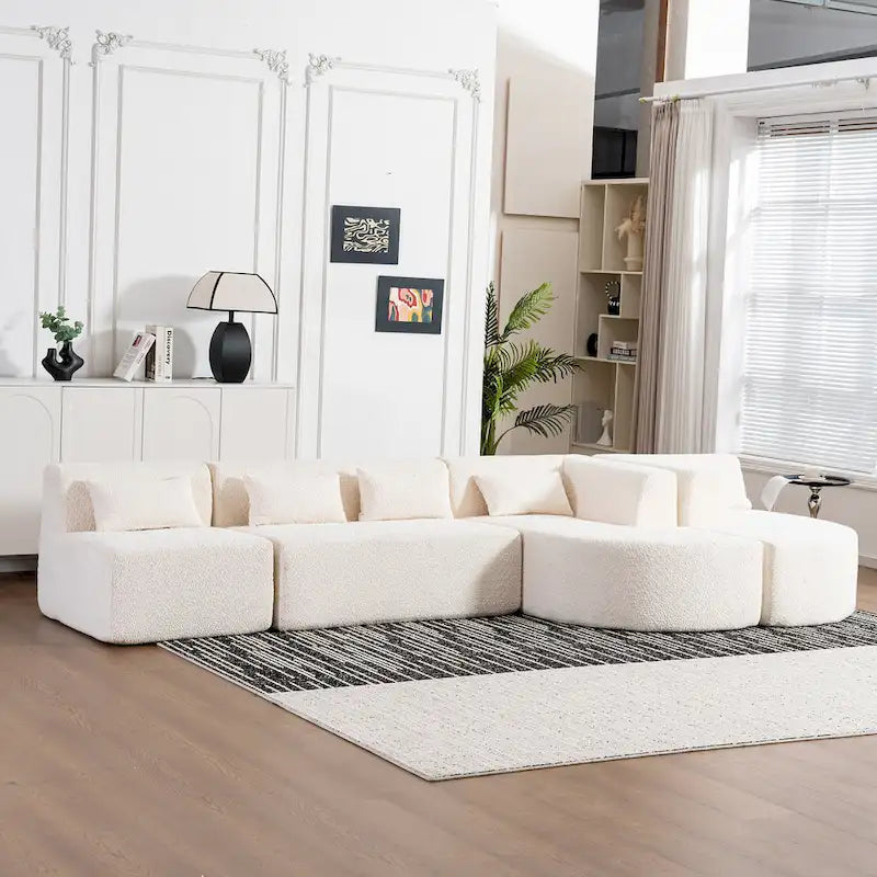 Canapé modulaire rembourré avec 2 méridiennes incurvées et 5 coussins de dossier, canapé modulable pour salon
