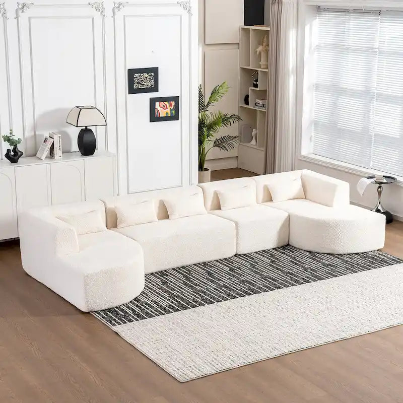 Canapé modulaire rembourré avec 2 méridiennes incurvées et 5 coussins de dossier, canapé modulable pour salon