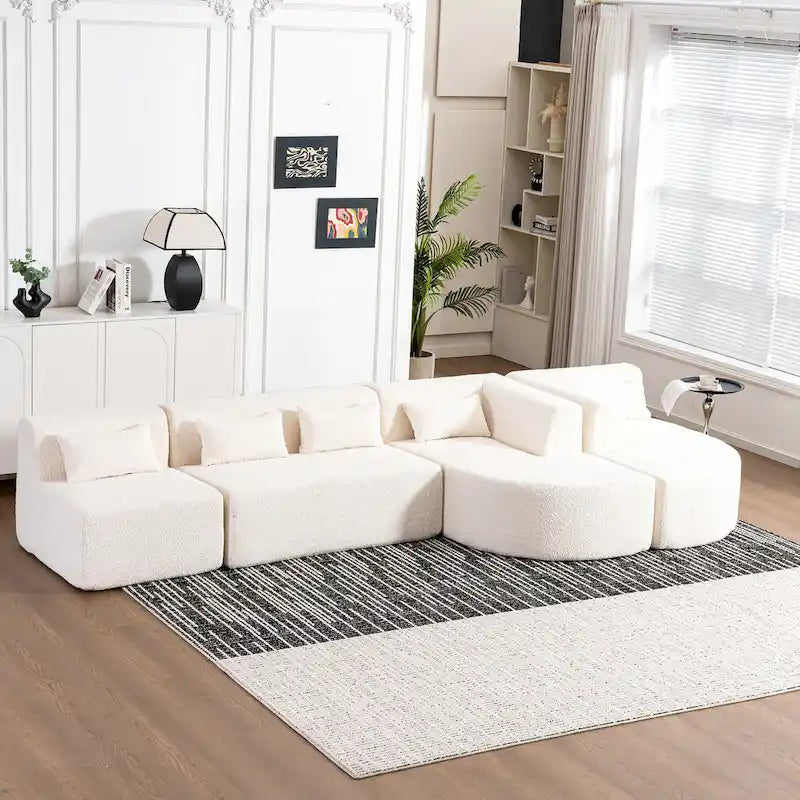 Canapé modulaire rembourré avec 2 méridiennes incurvées et 5 coussins de dossier, canapé modulable pour salon