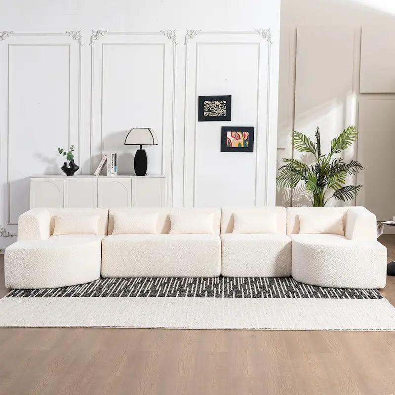 Canapé modulaire rembourré avec 2 méridiennes incurvées et 5 coussins de dossier, canapé modulable pour salon