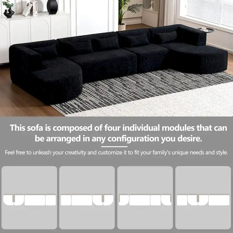 Canapé modulaire rembourré avec 2 méridiennes incurvées et 5 coussins de dossier, canapé modulable pour salon