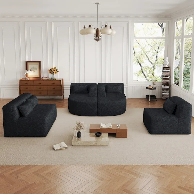 Canapé modulaire rembourré avec 2 méridiennes incurvées et 5 coussins de dossier, canapé modulable pour salon
