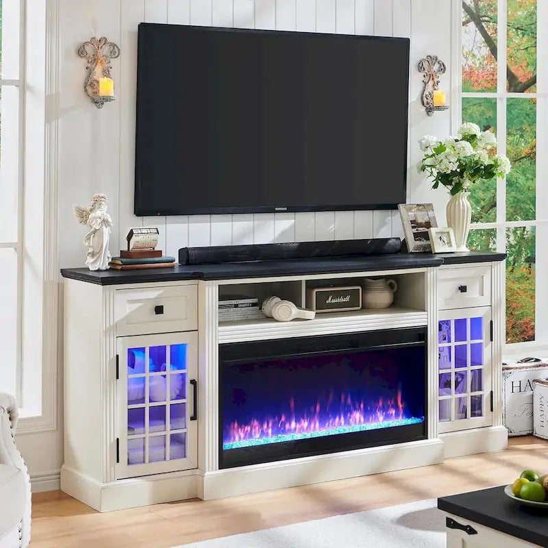 Meuble TV de cheminée de ferme pour téléviseur de 80 pouces, Centre de divertissement