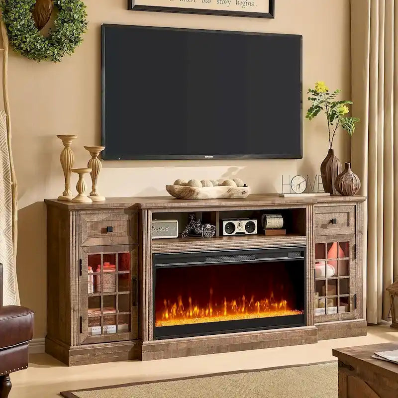 Meuble TV de cheminée de ferme pour téléviseur de 80 pouces, Centre de divertissement