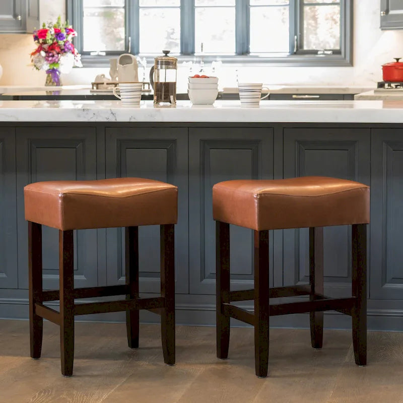 Lot de 2 tabourets de bar modernes 26,75" avec siège en cuir, design sans dossier, pieds en bois massif pour bar, salle à manger, salon