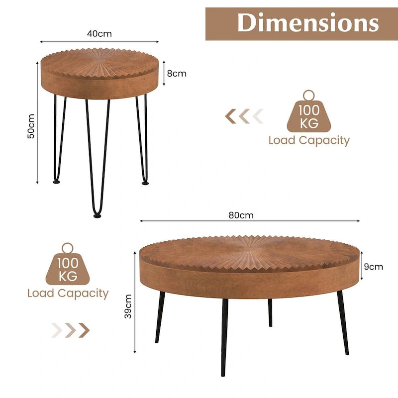 Lot de 2 tables basses rondes Costway style ferme avec finition naturelle - Voir les détails