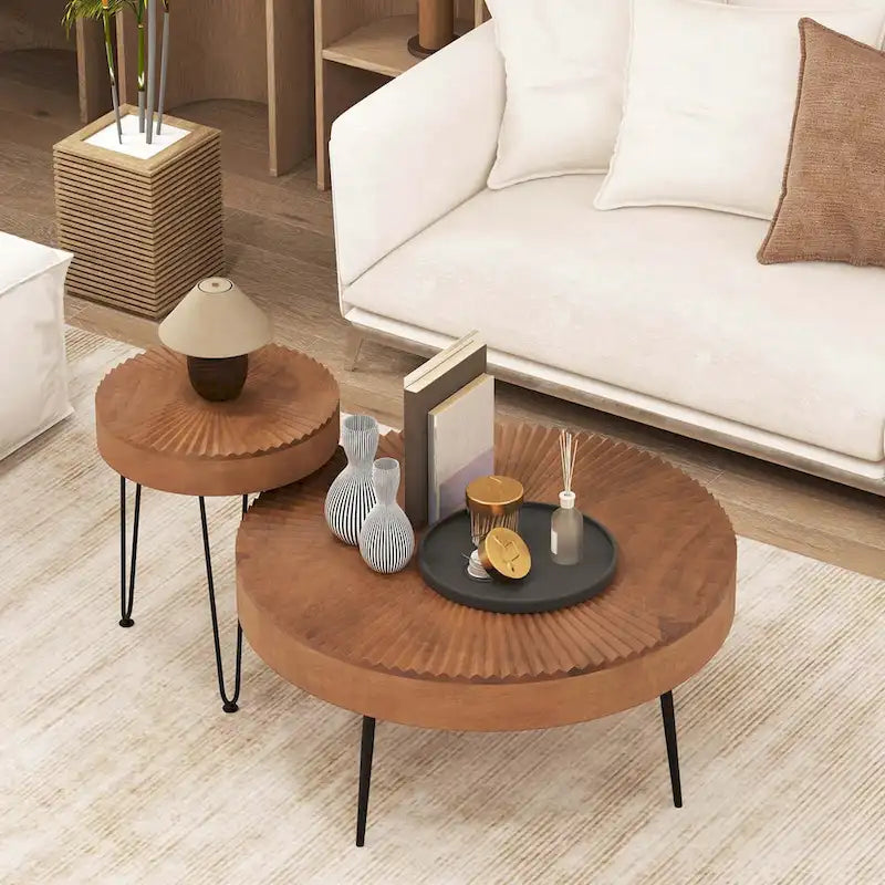 Lot de 2 tables basses rondes Costway style ferme avec finition naturelle - Voir les détails