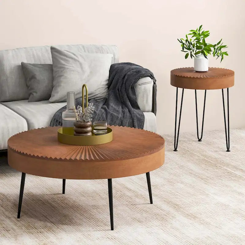 Lot de 2 tables basses rondes Costway style ferme avec finition naturelle - Voir les détails