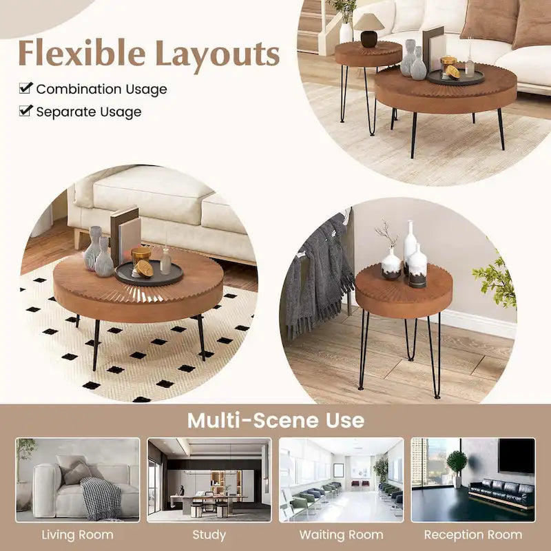 Lot de 2 tables basses rondes Costway style ferme avec finition naturelle - Voir les détails