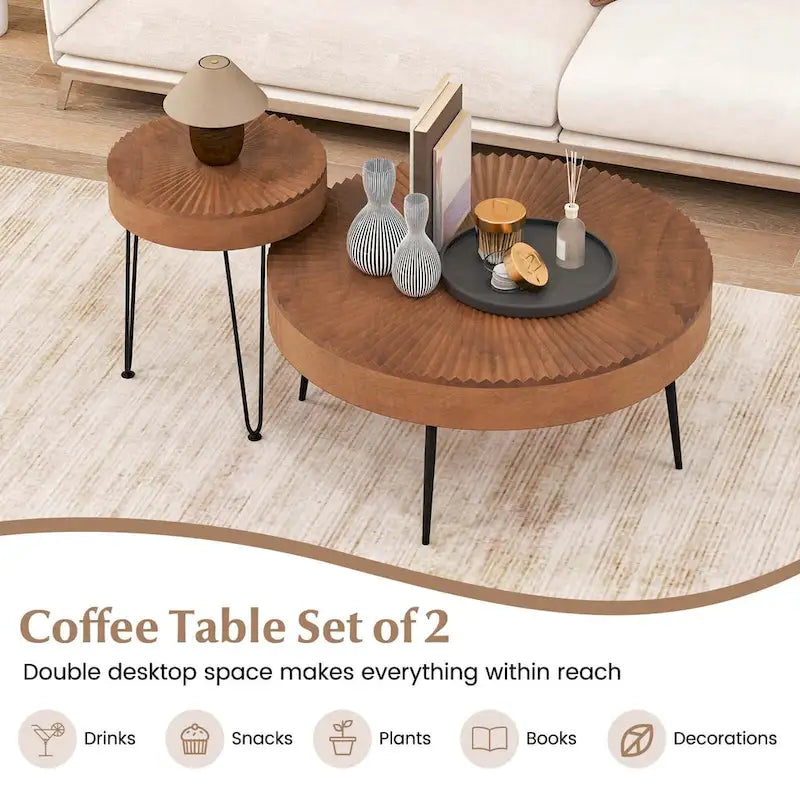 Lot de 2 tables basses rondes Costway style ferme avec finition naturelle - Voir les détails