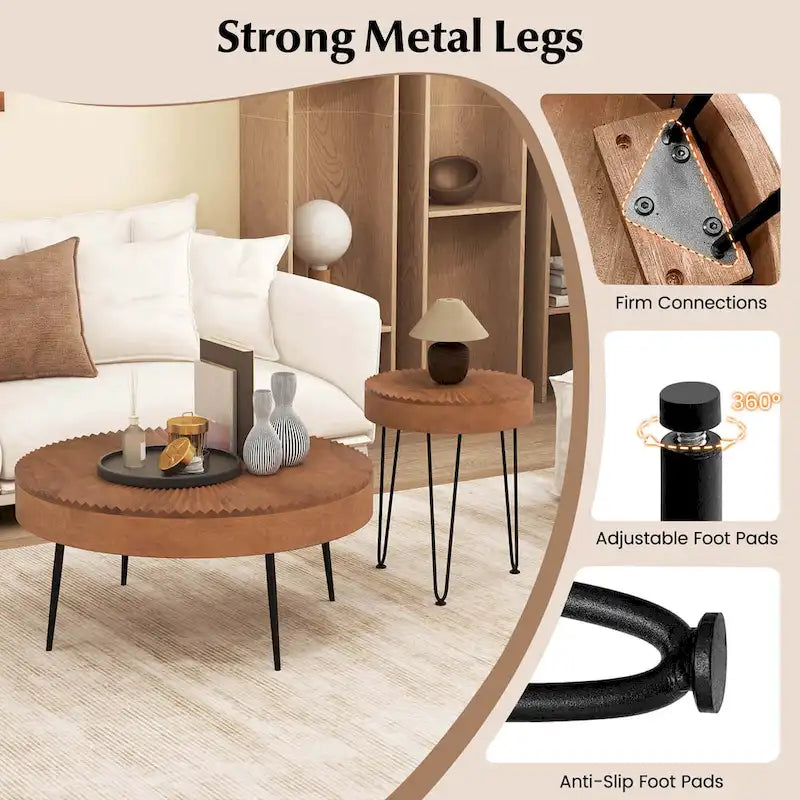 Lot de 2 tables basses rondes Costway style ferme avec finition naturelle - Voir les détails