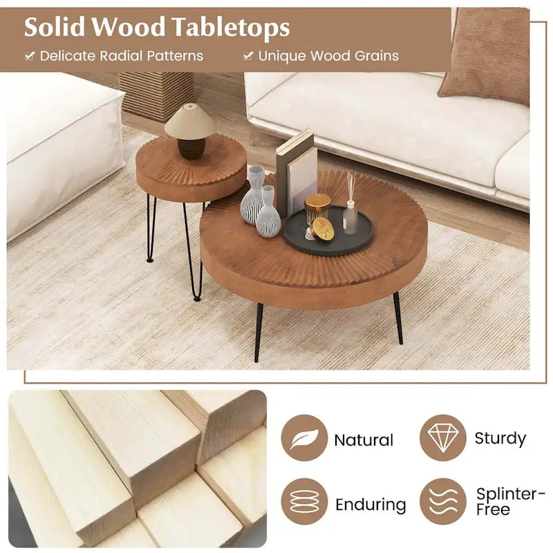 Lot de 2 tables basses rondes Costway style ferme avec finition naturelle - Voir les détails