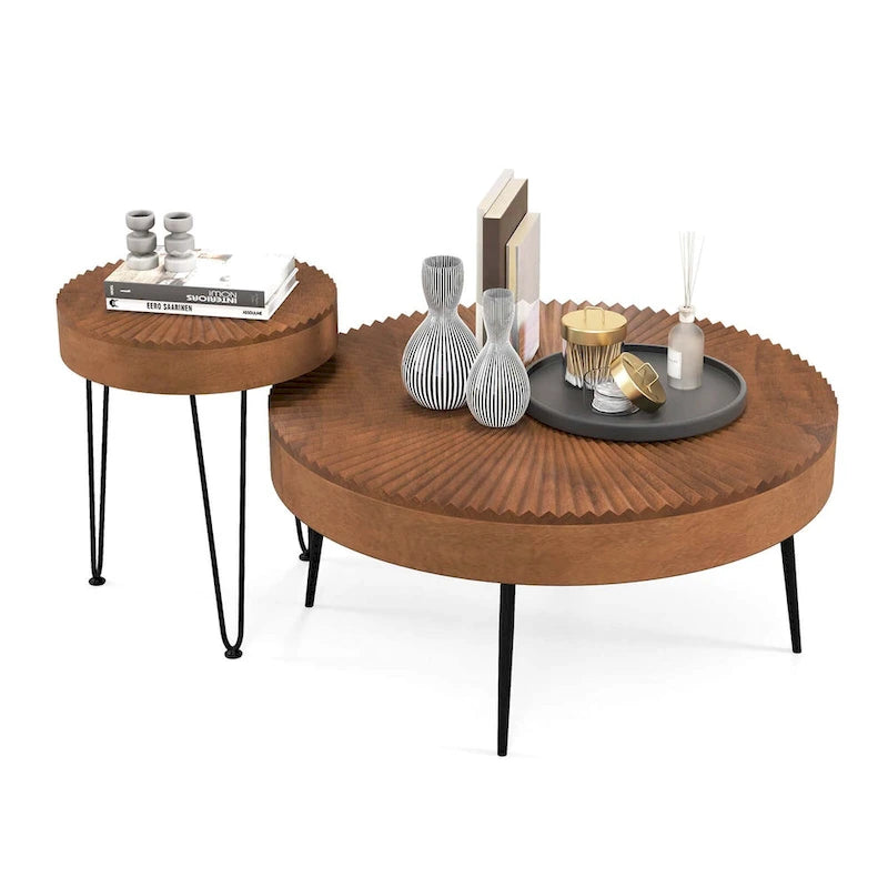 Lot de 2 tables basses rondes Costway style ferme avec finition naturelle - Voir les détails